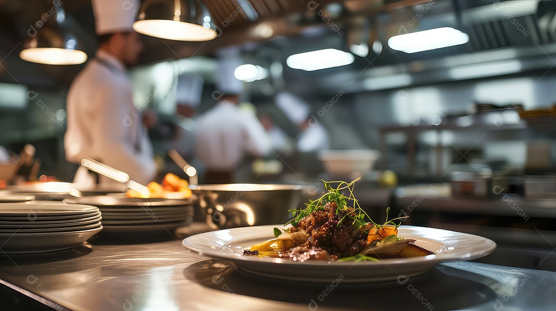Chef preparando comida na cozinha de um restaurante chef decorando prato