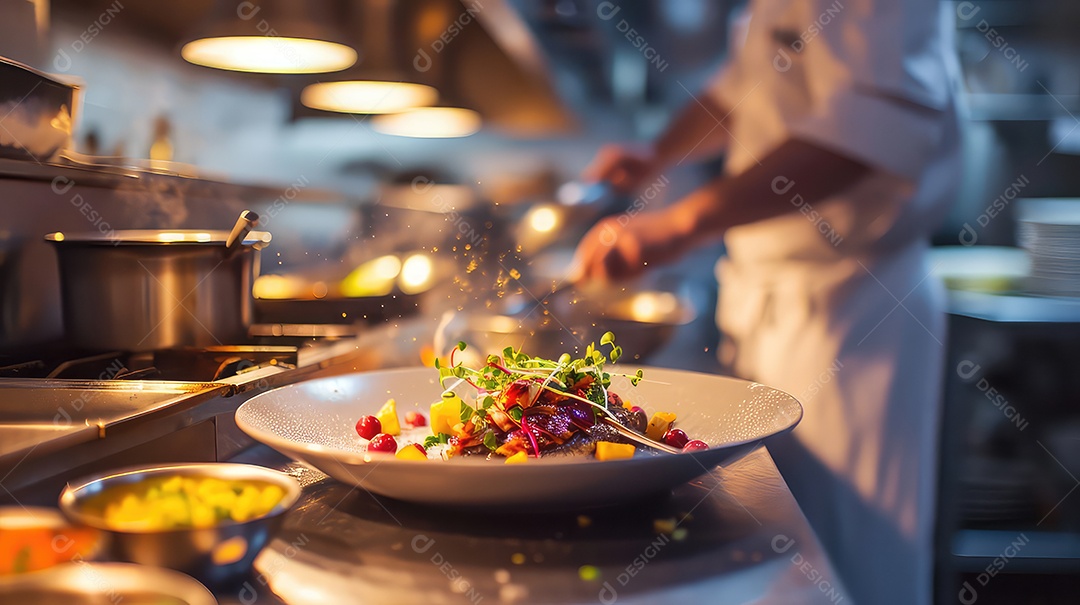 Chef preparando comida na cozinha do restaurante chef decorando prato