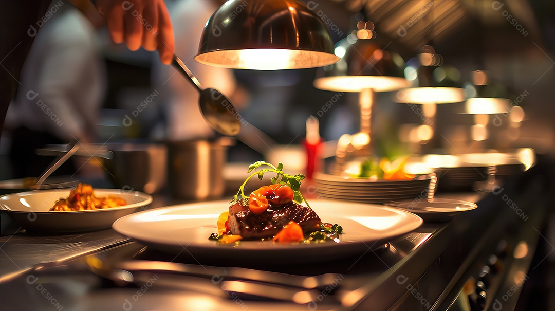 Chef decorando um prato na cozinha de um restaurante
