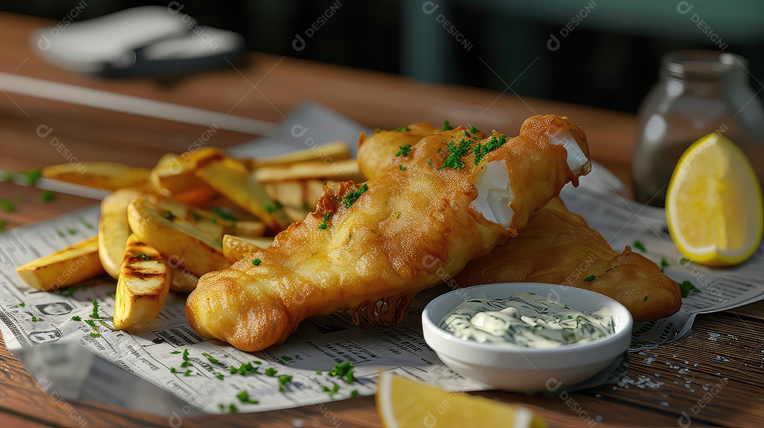 Peixe com batatas fritas em um prato