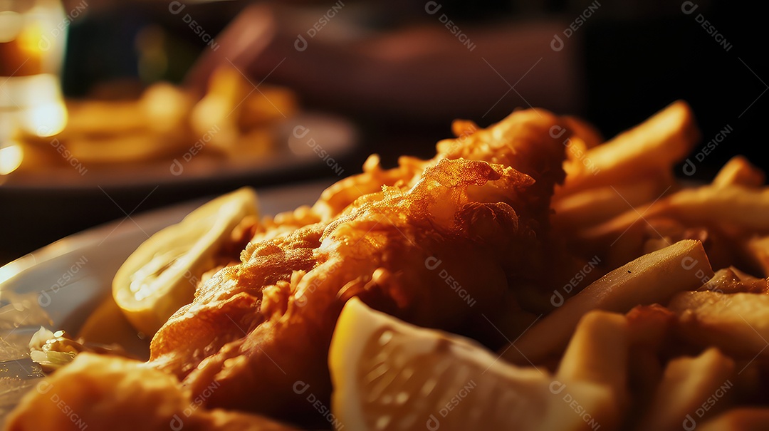 Peixe com batatas fritas em um prato
