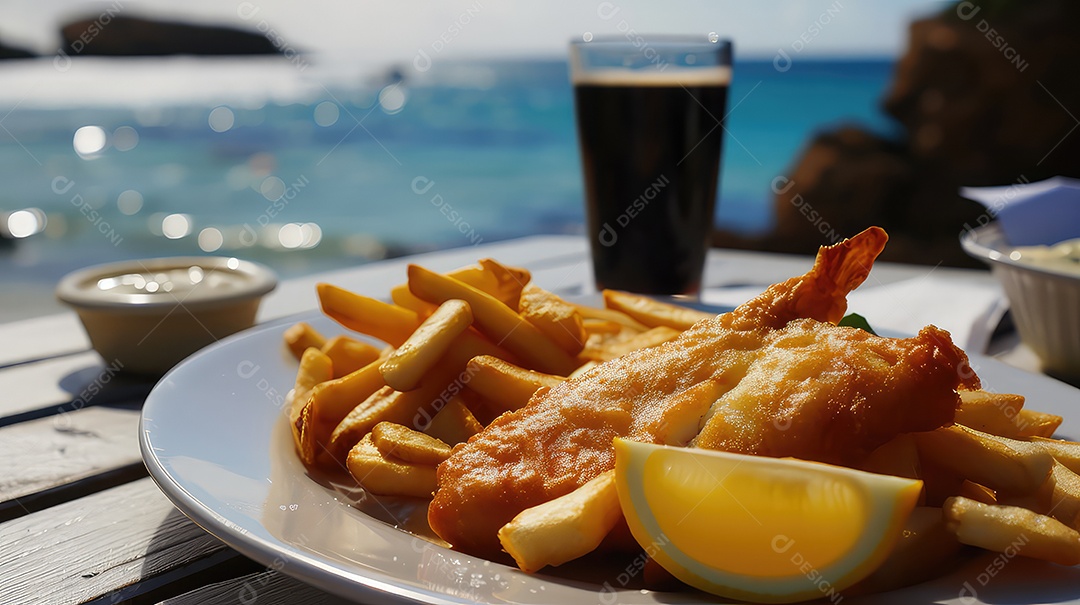 Peixe com batatas fritas e um copo de refrigerante na praia