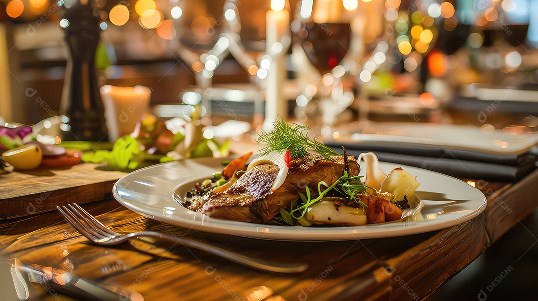 Chef na cozinha do hotel preparando e decorando comida prato delicioso