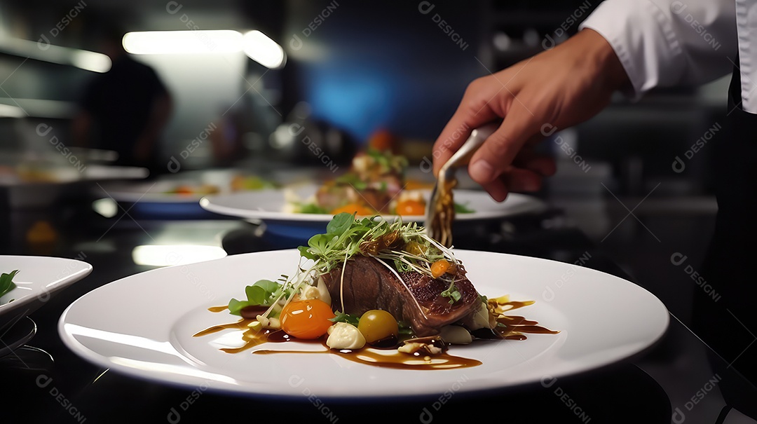 Chef na cozinha do hotel preparando e decorando comida prato delicioso
