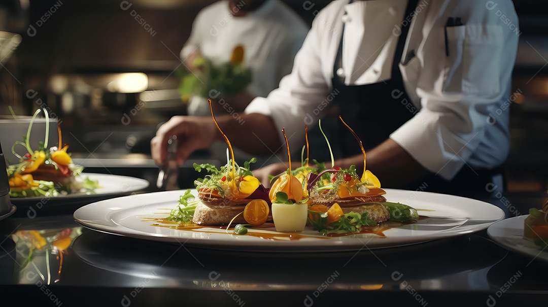 Chef preparando comida deliciosa na cozinha do restaurante
