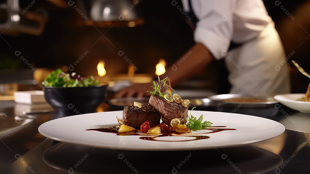 Chef servindo deliciosos bifes em um prato em restaurante