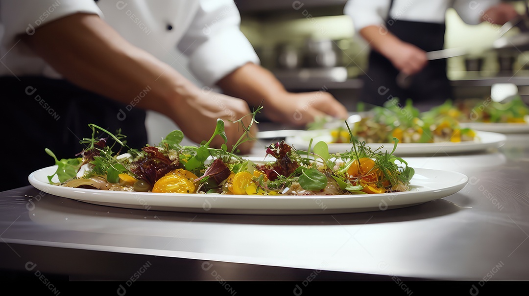 Chef na cozinha do hotel prepara e decora comida com salada de legumes