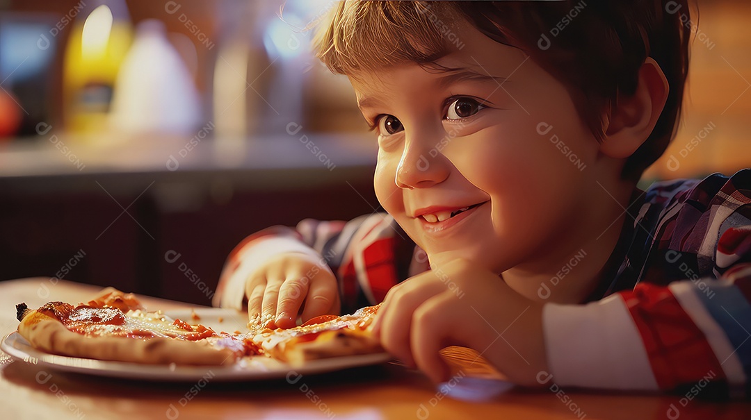 Menino bonitinho comendo pizza em uma pizzaria