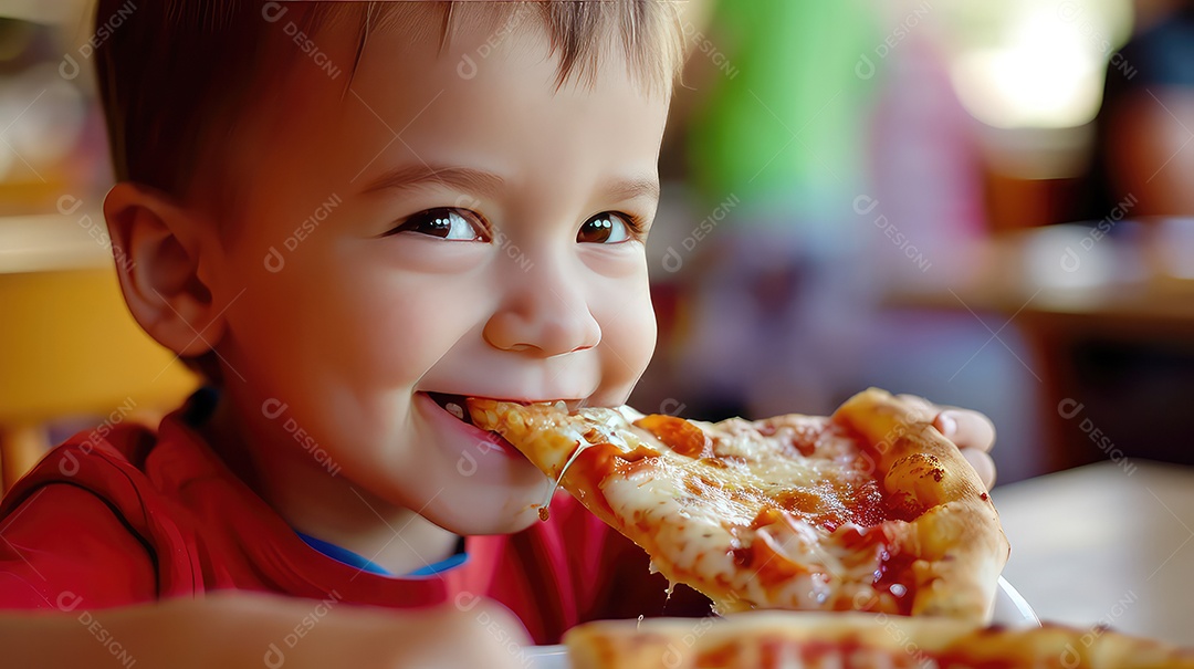 Menino bonitinho comendo pizza em uma pizzaria