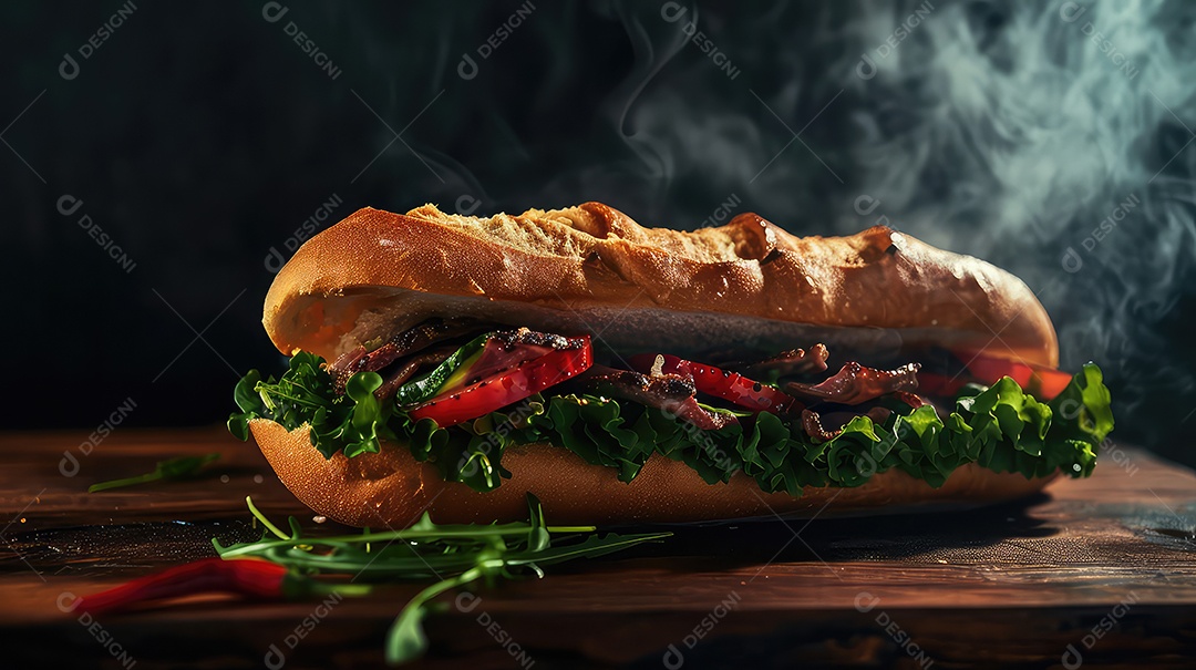 Sanduíche de carne e legumes sobre uma mesa de madeira