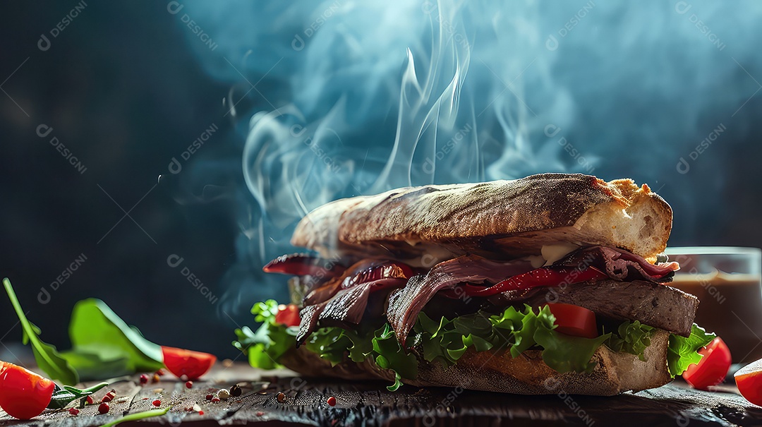 Sanduíche saboroso com carne e vegetais na mesa cinza