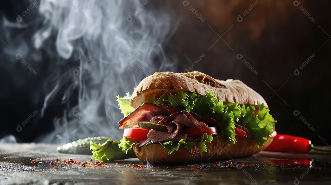 Sanduíche saboroso com carne e vegetais na mesa cinza