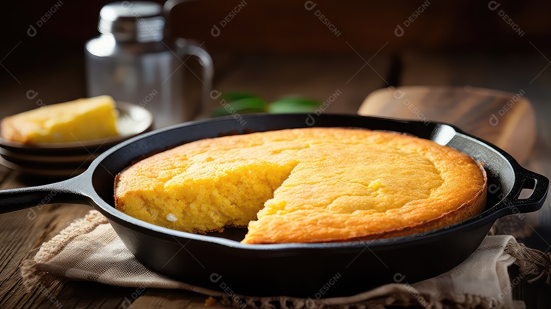 Pão de milho em uma panela de ferro fundido sobre uma mesa de madeira
