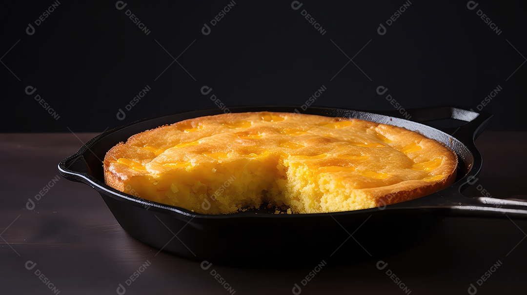 Pão de milho em uma panela de ferro fundido sobre uma mesa de madeira