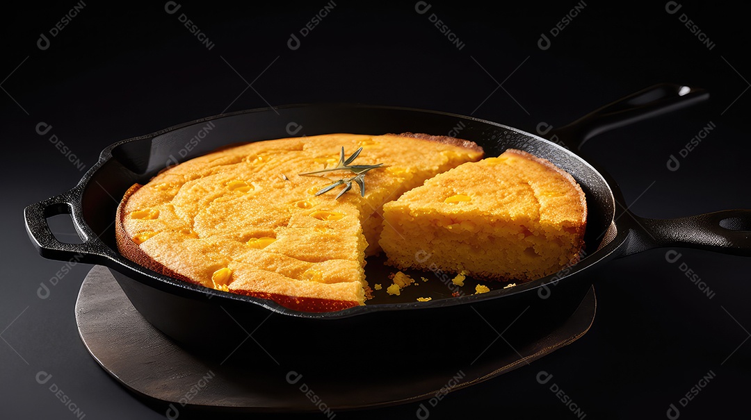 Pão de milho em uma panela de ferro fundido sobre uma mesa de madeira