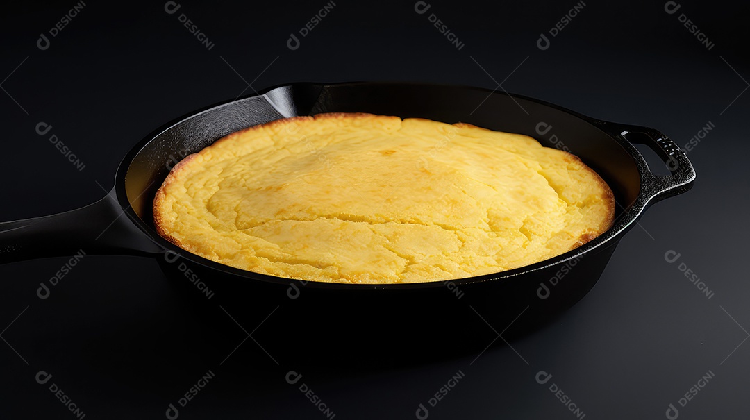 Pão de milho em uma panela de ferro fundido sobre uma mesa de madeira