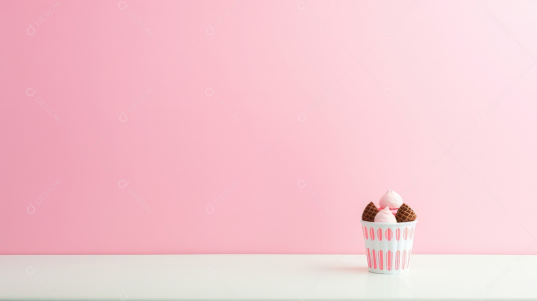 Sorvete em copo branco sobre mesa de madeira e fundo de parede rosa