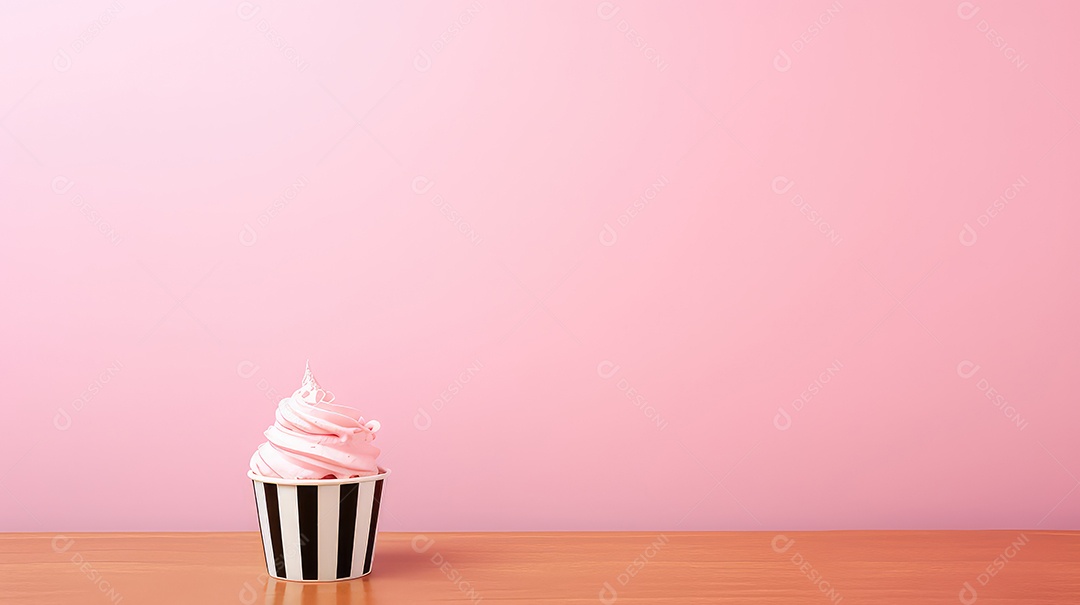 Sorvete em copo branco sobre mesa de madeira e fundo de parede rosa