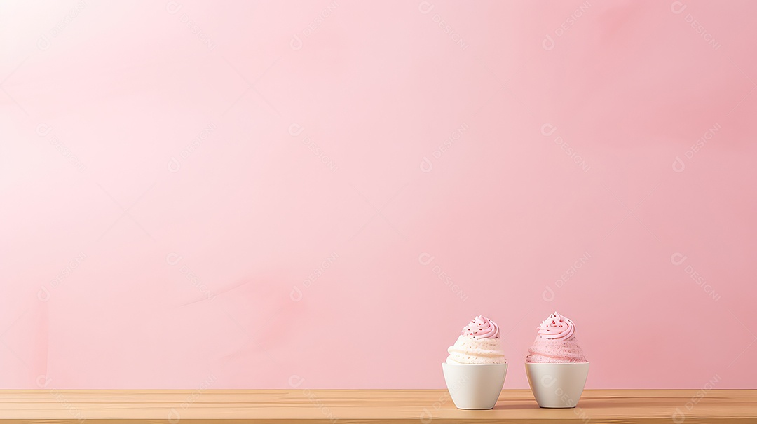 Sorvete em copo branco sobre mesa de madeira e fundo de parede rosa