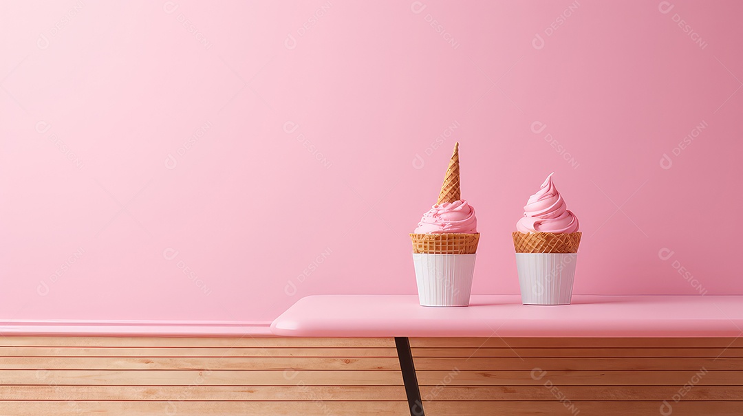 Cupcake com casquinha de sorvete na mesa em uma sala rosa