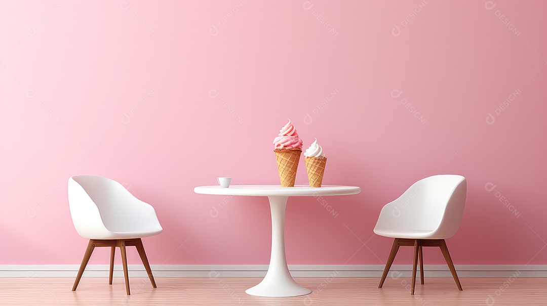Cupcake com casquinha de sorvete na mesa em uma sala rosa renderização 3D