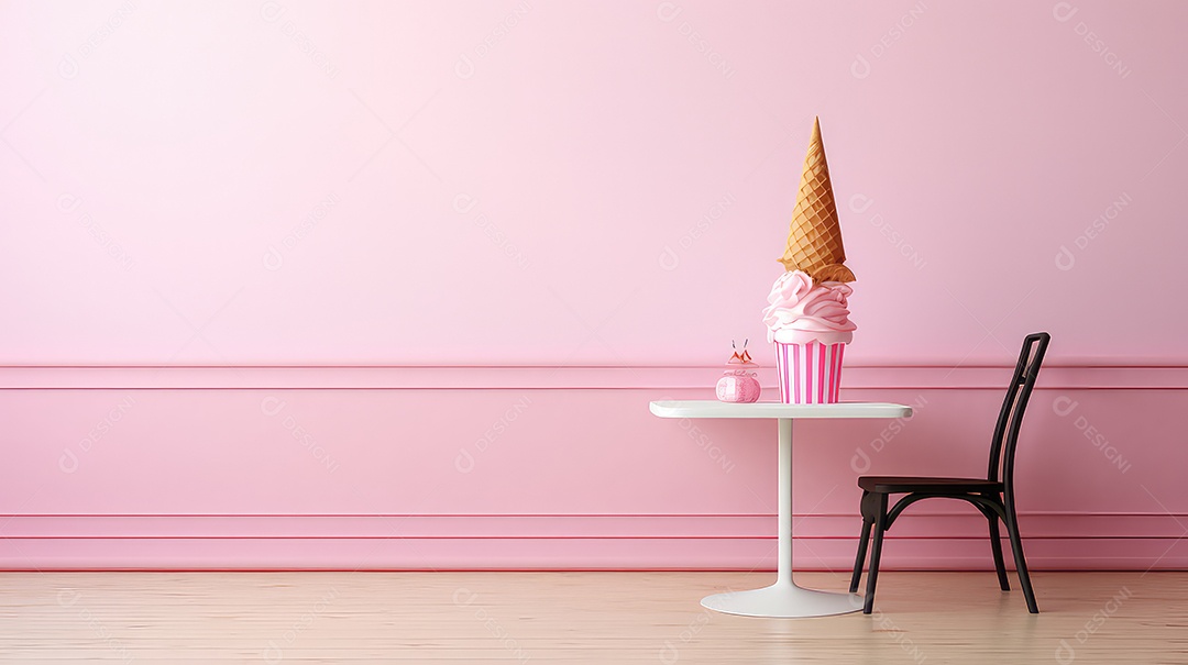 Sorvete em casquinha de waffle sobre mesa de madeira e cadeira contra parede rosa