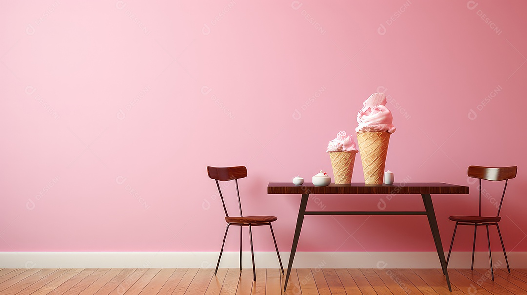 Sorvete em casquinha de waffle sobre mesa de madeira e cadeira contra parede rosa