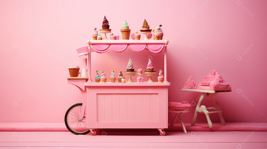 Barraca de sorvete colorida com cupcakes em fundo de parede rosa
