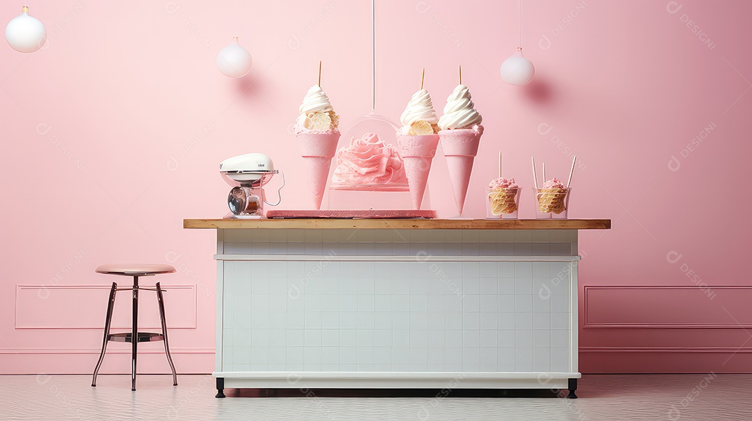 Sorveteria em sala rosa com parede e cadeiras rosa renderização 3D
