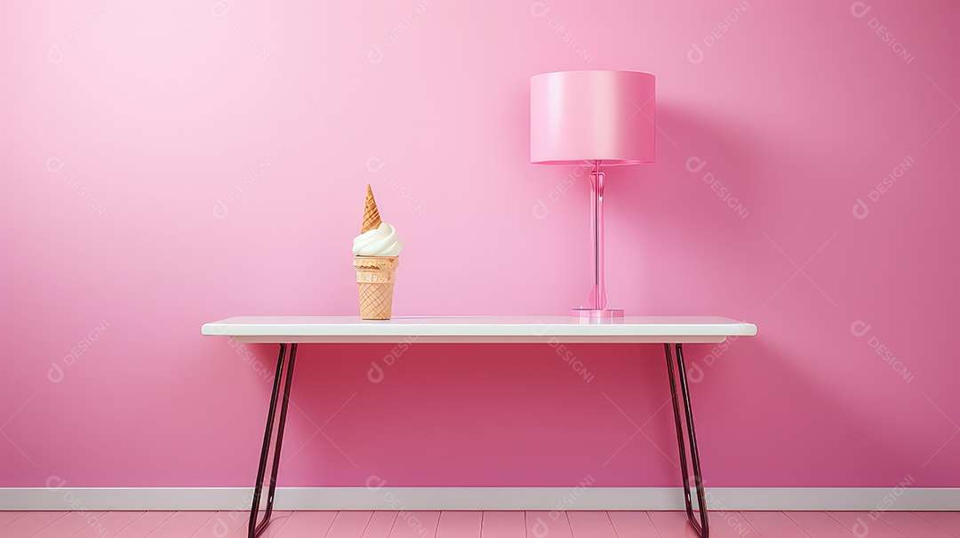 Renderização 3D de uma parede rosa com um cone de waffle e uma luminária rosa