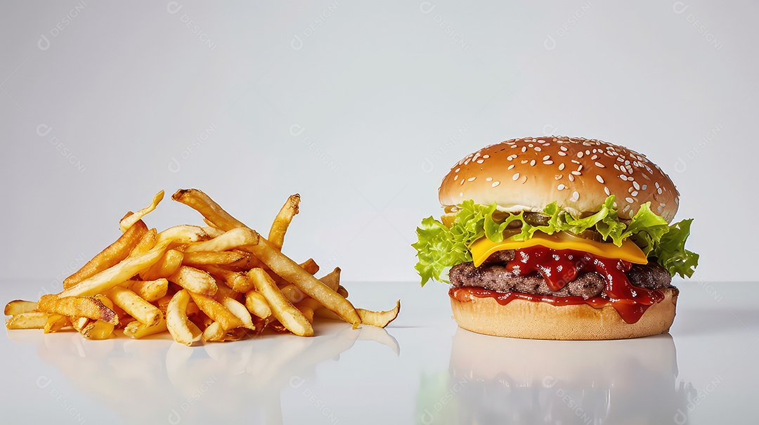 Cheeseburger americano com batatas fritas douradas sobre fundo branco