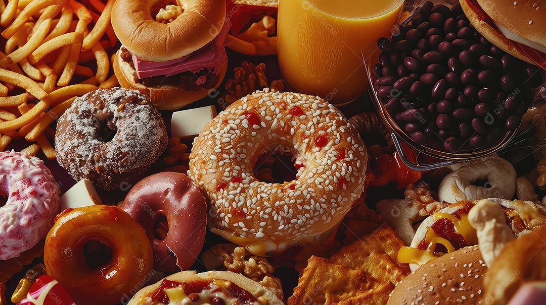 Composição com deliciosos donuts e copos de suco
