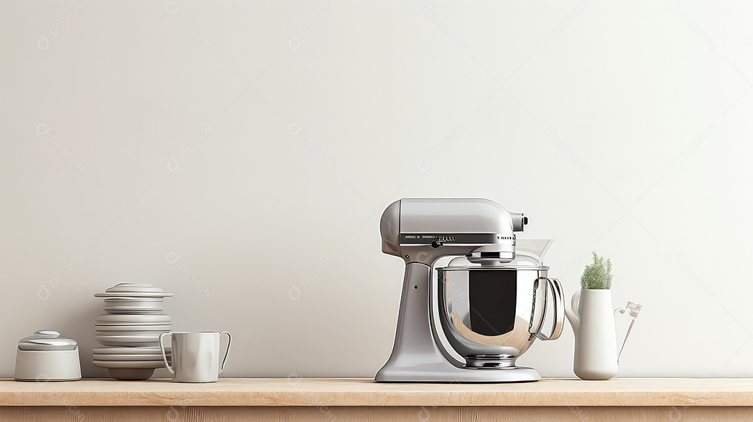 Misturador elétrico moderno em uma prateleira de madeira na cozinha