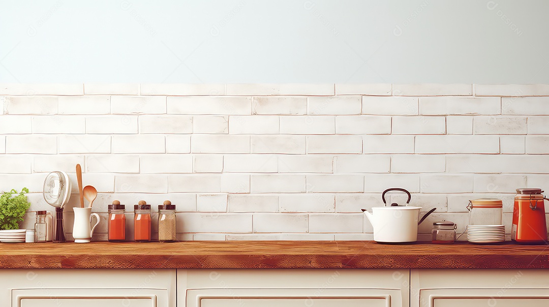 Utensílios de cozinha em bancada com fundo de parede de tijolos vermelhos