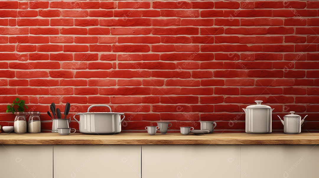 Utensílios de cozinha em bancada com fundo de parede de tijolos vermelhos