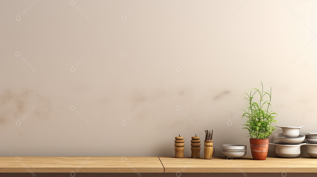 Mesa de madeira vazia com planta em vaso sobre fundo de parede marrom