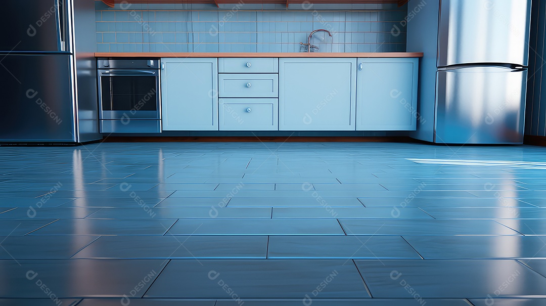 Renderização 3D de cozinha moderna azul em uma casa com piso de cerâmica