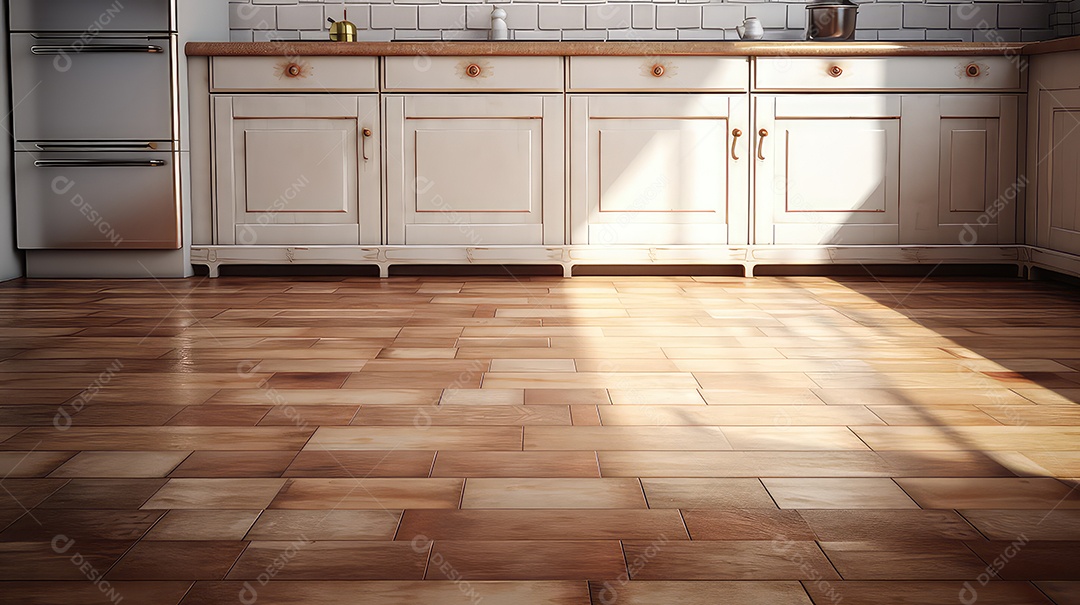 Interior de uma sala vazia com piso de madeira e uma porta