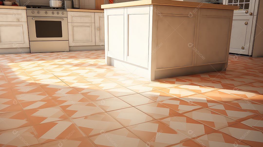 Interior da cozinha com piso de cerâmica ilustração de renderização 3D