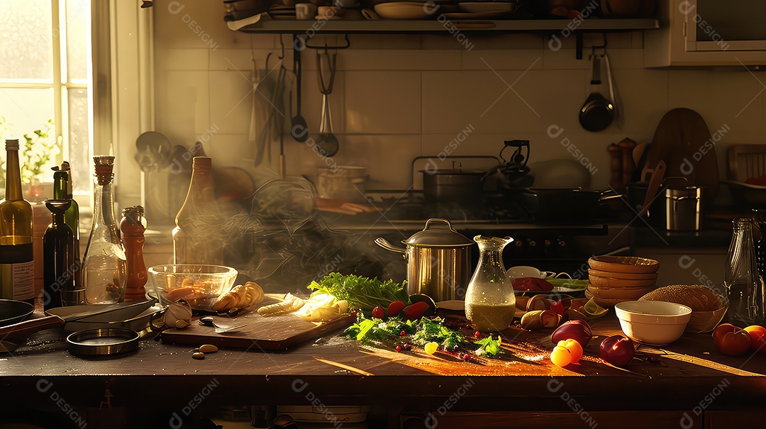 Mesa de cozinha de madeira com utensílios e vegetais