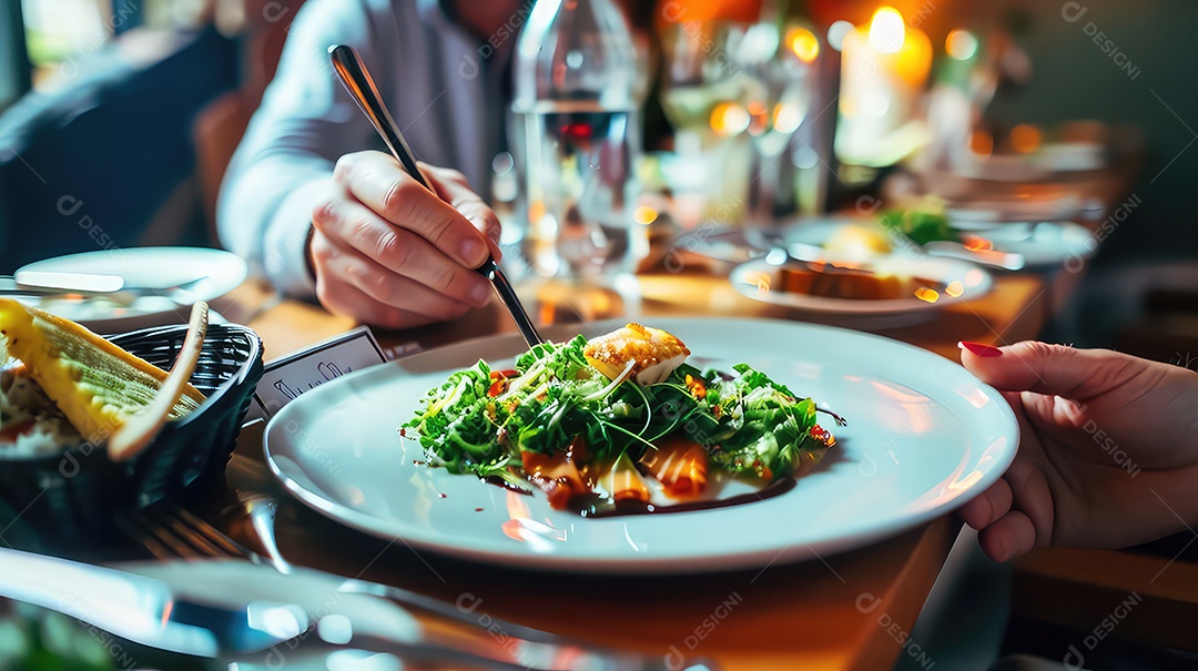 Mulher comendo salada com salmão em um restaurante