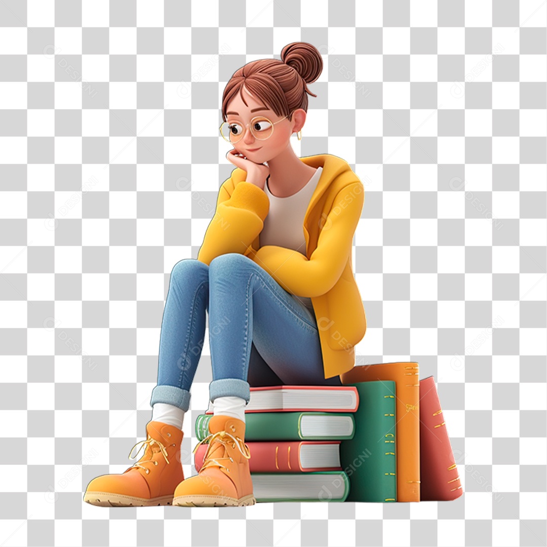 Menina Sentada na Pilha de Livros PNG Transparente