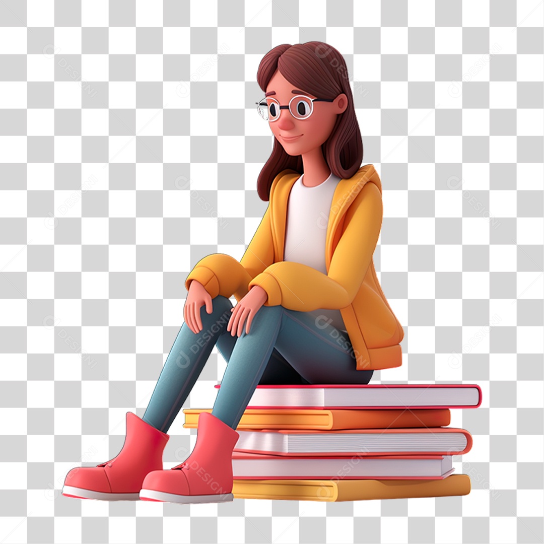 Menina Sentada na Pilha Livros PNG Transparente