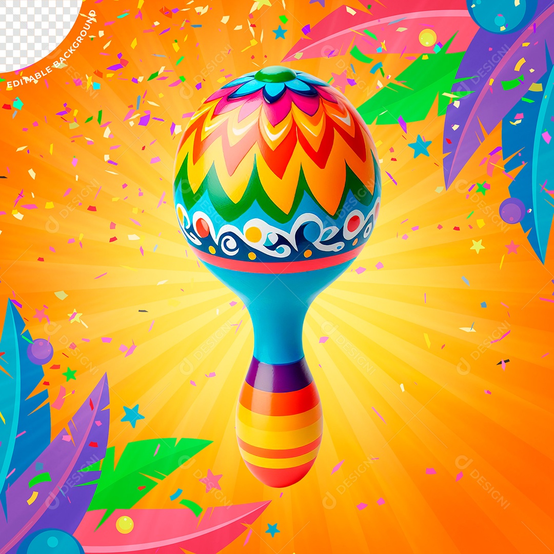 Maraca de Carnaval Elemento 3D Colorido para Composição PSD