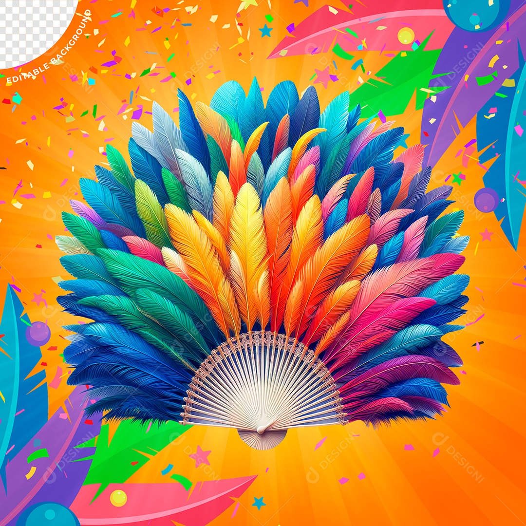 Leque de Penas Coloridas Elemento 3D de Carnaval para Composição PSD