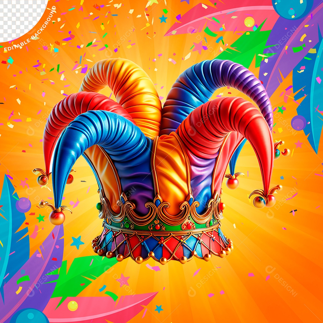 Chapéu do Bobo Colorido Elemento 3D de Carnaval para Composição PSD