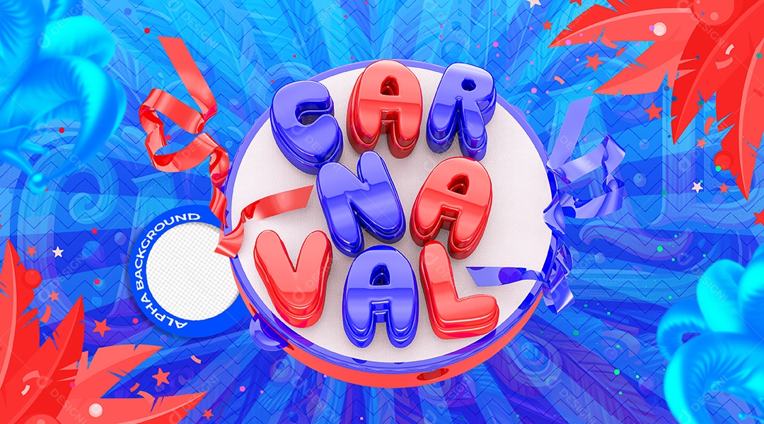 Carnaval Selo 3D Azul Vermelho para Composição PSD