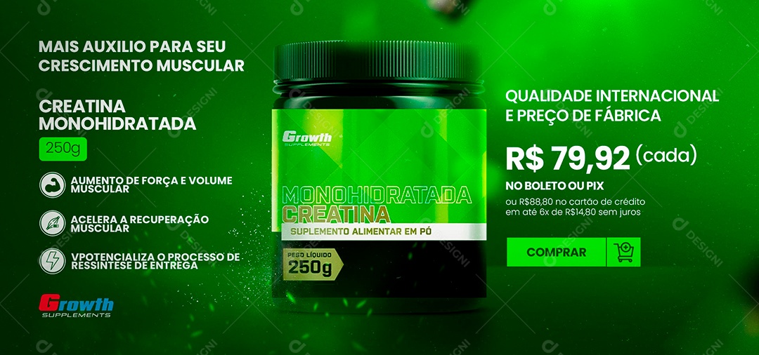 Banner Creatina Monohidratada Growth Supplementos Social Media PSD Editável