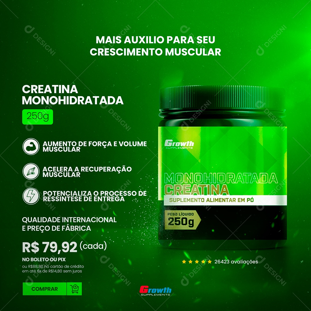 Post Feed Creatina Monohidratada Growth Supplementos Social Media PSD Editável