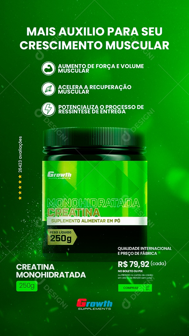 Post Story Creatina Monohidratada Growth Supplementos Social Media PSD Editável